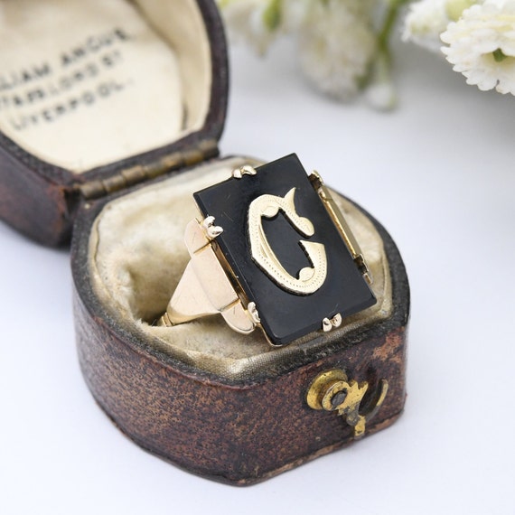 Vintage 9ct Gold Onyx Monogram Ring Letter C - Go… - image 5