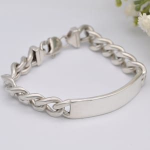 Sterling Silver Curb Link Chain Bracelet - Big | Chunky | Blank Cartouche | Tag | Lobster Claw | 925 | 45.7g | 20cm