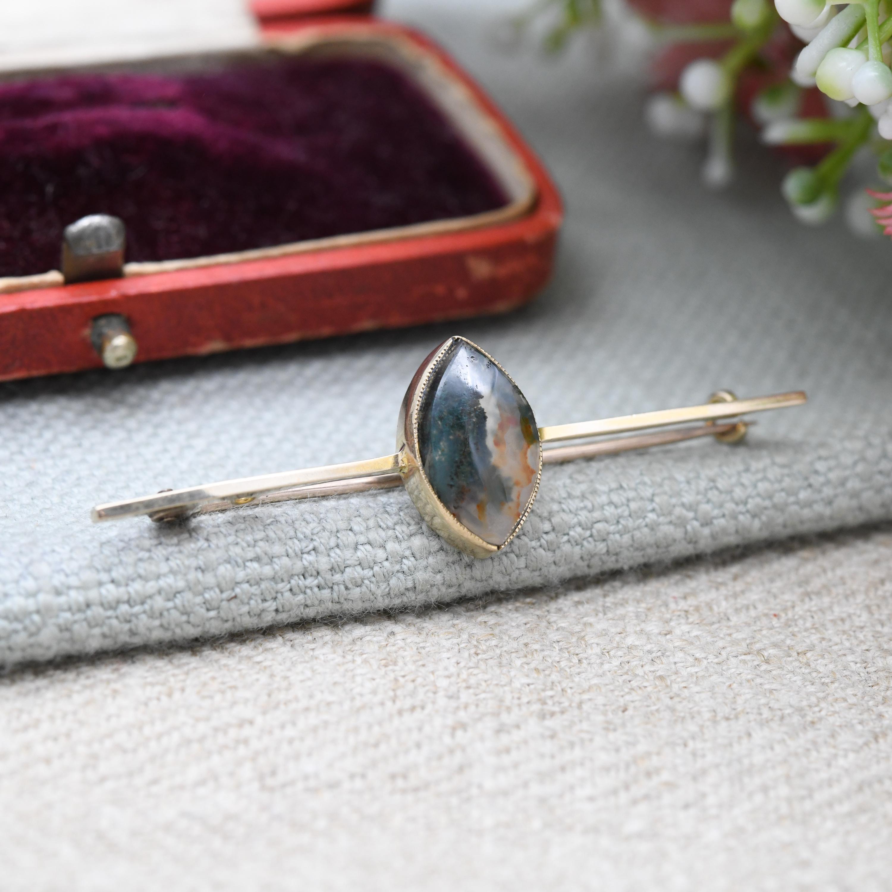 Broche Vintage Langani Années 80 En Agate Striée | Bijou Ancien Splendide Et Unique | Occasion - Porté