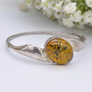 Vintage Sterling Silver and Amber Bangle - Boho and Hippie / Oval / Interesting Shoulders / Safety Chain / 925
