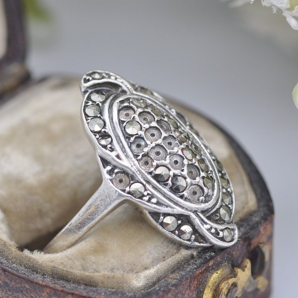 Vintage Art Deco Sterling Silver Marcasite Statement Ring - UK Size - L 1/2 | US Size - 6