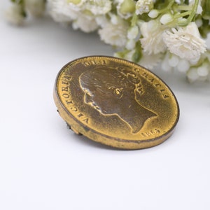 Antieke 1854 Victoria One Penny Coin Broche Grote verklaring koperen muntsieraden Gouden toon afbeelding 8