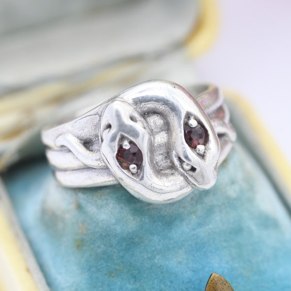 Vintage Sterling Silver Snake Ring with Double Garnet Heads - Coiled Snake Band | Animal Jewellery | UK Size - N 1/2 | US Size - 7