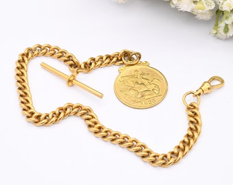 Vintage Albert Chain with 1823 George IV Token T-Bar Dog Clip Clasp - Pocket Watch Chain | Gold Tone