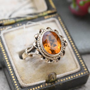 Vintage 9ct Gold Citrine Ring 1972 Large Orange Stone LAQ - Twisted Bezel Set Faceted Cocktail Dress Ring | UK Size - L 1/2 US Size - 6