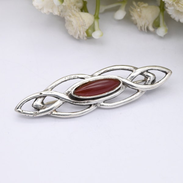 Vintage Sea Gems Sterling Silver Bar Brooch with Carnelian - Red Gemstone | Celtic Twist Jewellery