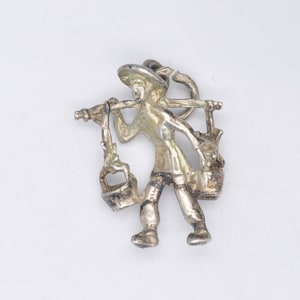 Vintage Silver Man Carrying Buckets of Water Charm / Pendant - Water Buckets / Shoulder Yoke / Carrying Pole / Detailed / Charm Bracelet