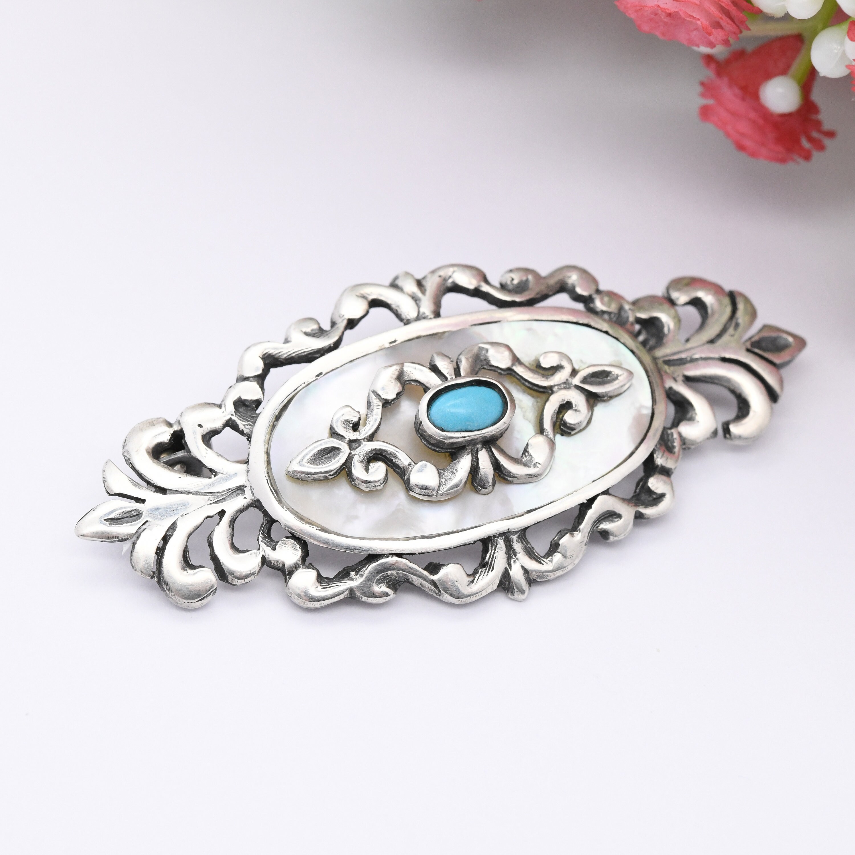 Grande Broche Ethnique Vintage En Agate Turquoise Et Nacre - Bijou Ancien En Argent, Style Bohème