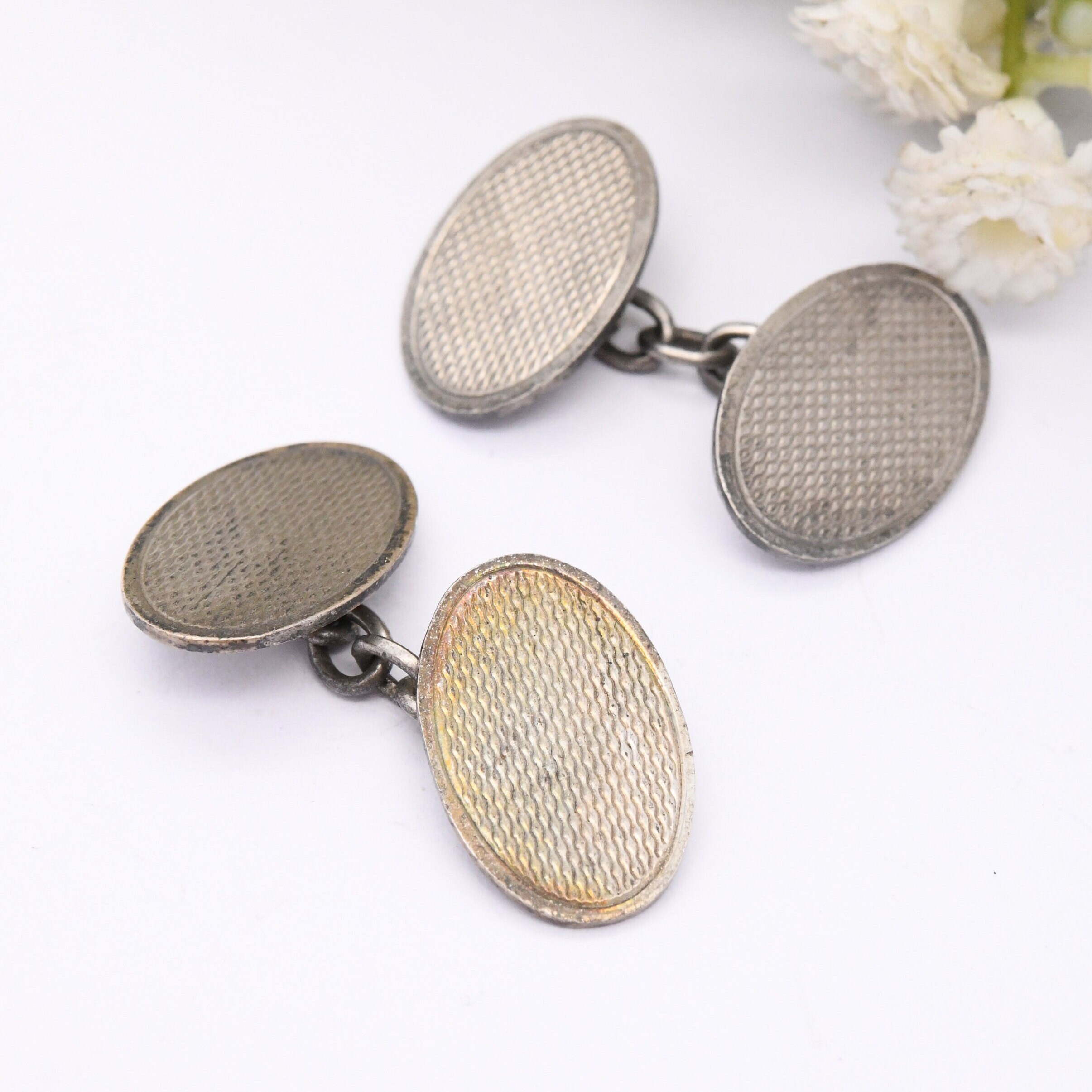 Bouton De Manchette Vintage Japonais Couleur Argenté - Format Ovale 2,2cm - Très Bon état
