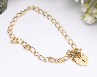 Vintage 9ct Gold Heart Padlock Clasp Curb Link Chain Bracelet with Safety Chain - Empty Charm Bracelet