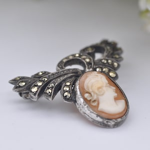 Vintage Sterling Silver Cameo Marcasite Brooch -  Carved Shell Profile Portrait