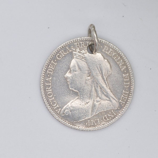 Antico ciondolo vittoriano in argento da sei penny del 1901 / pendente - Victoria / gioielli con monete / famiglia reale / Royalty / braccialetto con ciondoli / scudo