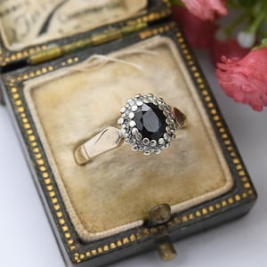 Vintage 9ct Gold Sapphire and Diamond Halo Ring 1990 - Vintage Statement Engagement Ring | Gift for Her | UK Size - L | US Size - 5 3/4