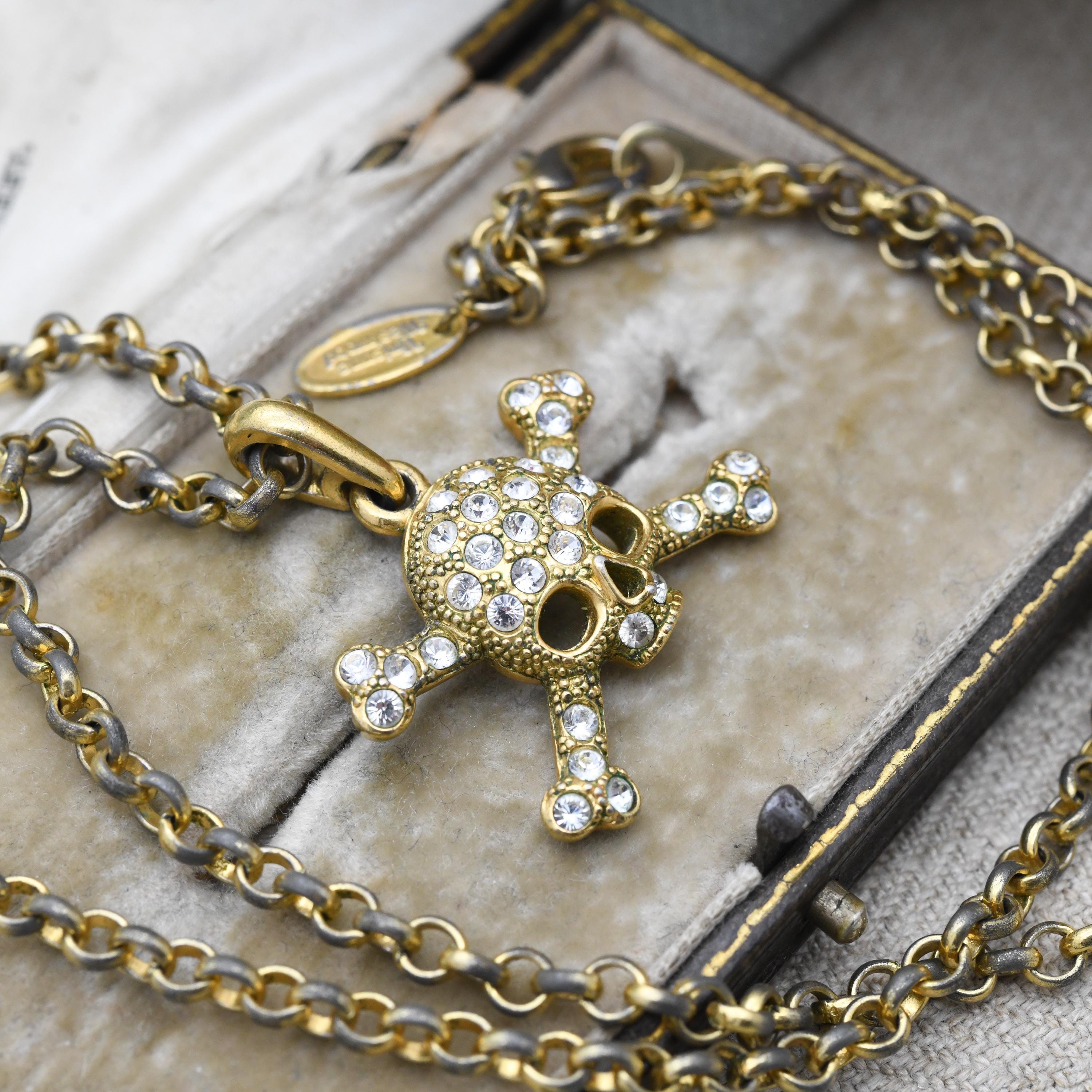 Vintage Vivienne Westwood Gold Plated Crystal Skull and Crossbones