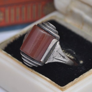 Antique Art Deco Silver Carnelian Ring - Barrel Shape Cabochon Gemstone | UK Size - N 1/2 | US Size - 7