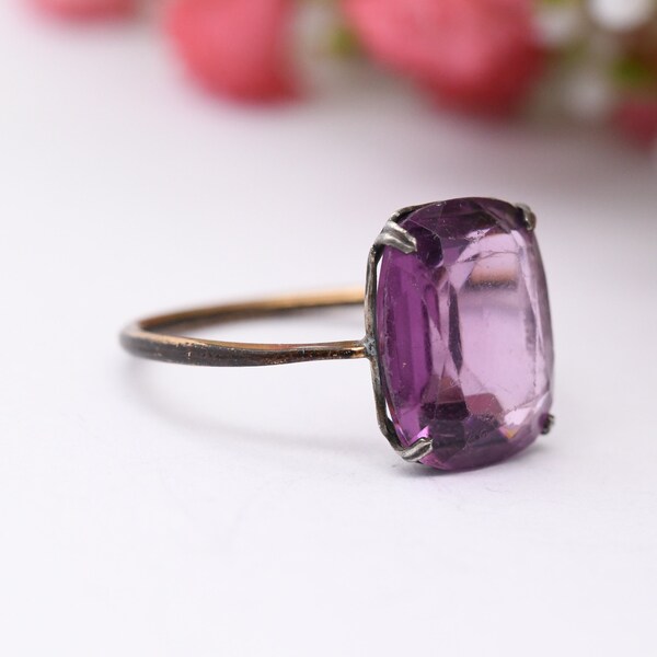 Antique Rolled Gold Ring with Amethyst Paste Stone - Art Deco Costume Jewellery | UK Size - O | US Size - 7