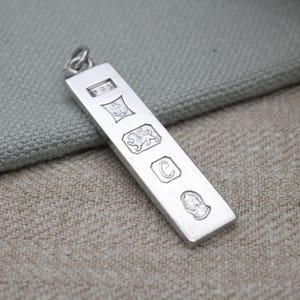 Vintage Sterling Silver Ingot Pendant 1977 with Queen Elizabeth II Silver Jubilee Stamp - Hallmarked PBC Birmingham | Mid-Century Necklace