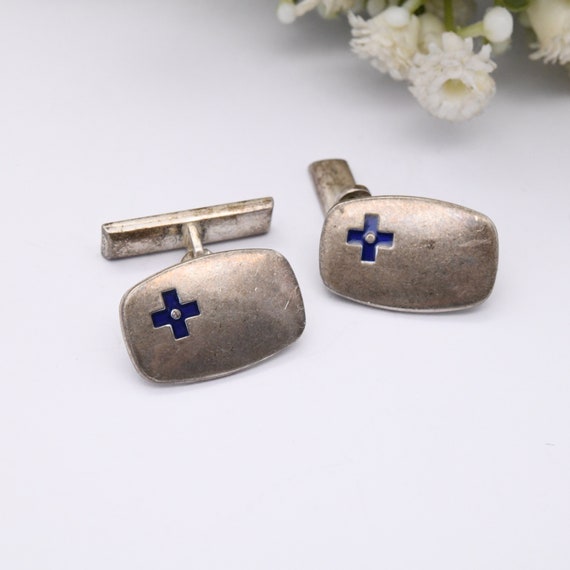 Vintage Scottish Sterling Silver Cufflinks with E… - image 1