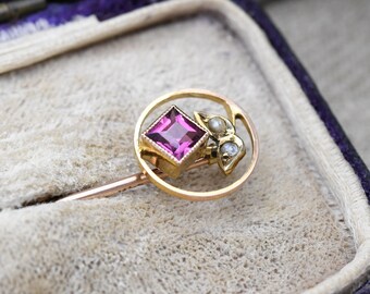 Broche à Aubes Édouardienne En Or 9 Carats – Améthyste Et Perle – Épingle à Cravate – Vintage