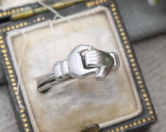 Vintage Silver Fede Gimmel Ring Interlocking 3 Bands - Clasped Hands Over Heart Symbolic Jewellery | UK Size - J | US - 5