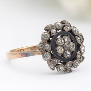 Antique Victorian 9ct Gold Mourning Ring with Black Enamel and Clear Stones - Silver Front / 1800s / Wreath / UK Size - L 1/2 / US Size - 6