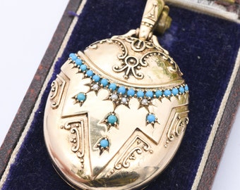 9ct Gold Locket Pendant with Peacock Engraving Turquoise and Pearl - Large Two Picture Locket | Antique Victorian Style | Blue and White