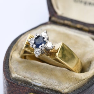 Vintage 18ct Gold Sapphire Diamond Ring 1976 - Statement Cocktail Ring UK Size - M | US Size - 6