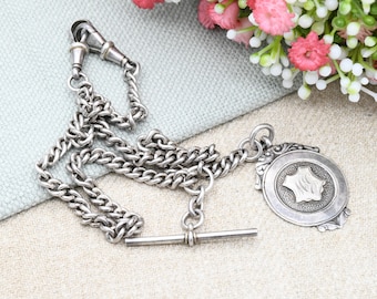 Vintage Sterling Silver Double Albert Chain Necklace with Watch Fob T-Bar & Dog Clips 1936 1937 by Robert Pringle - Moving Sliding Pendant