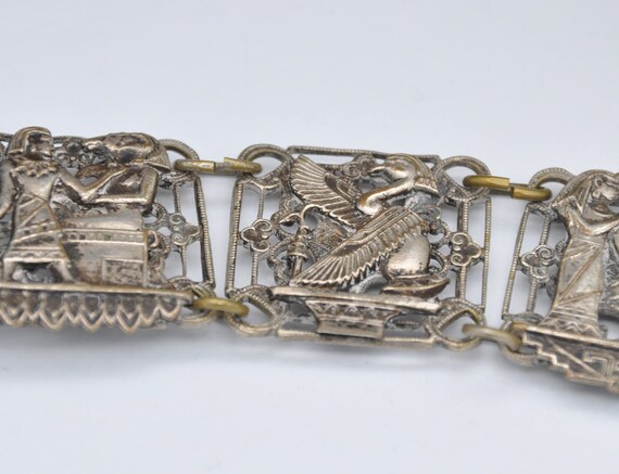 Vintage Art Deco Egyptian Revival Bracelet - Silv… - image 4