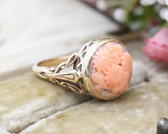 Antique Victorian 9ct Gold Carved Coral Ring - Flower Engraved Cameo | Large Stone | Ornate Shoulders | UK Size - M 1/2 | US Size - 6 1/2