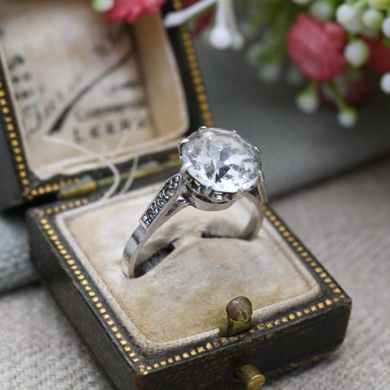 Vintage Silver Clear Paste Solitaire Ring - Large… - image 4