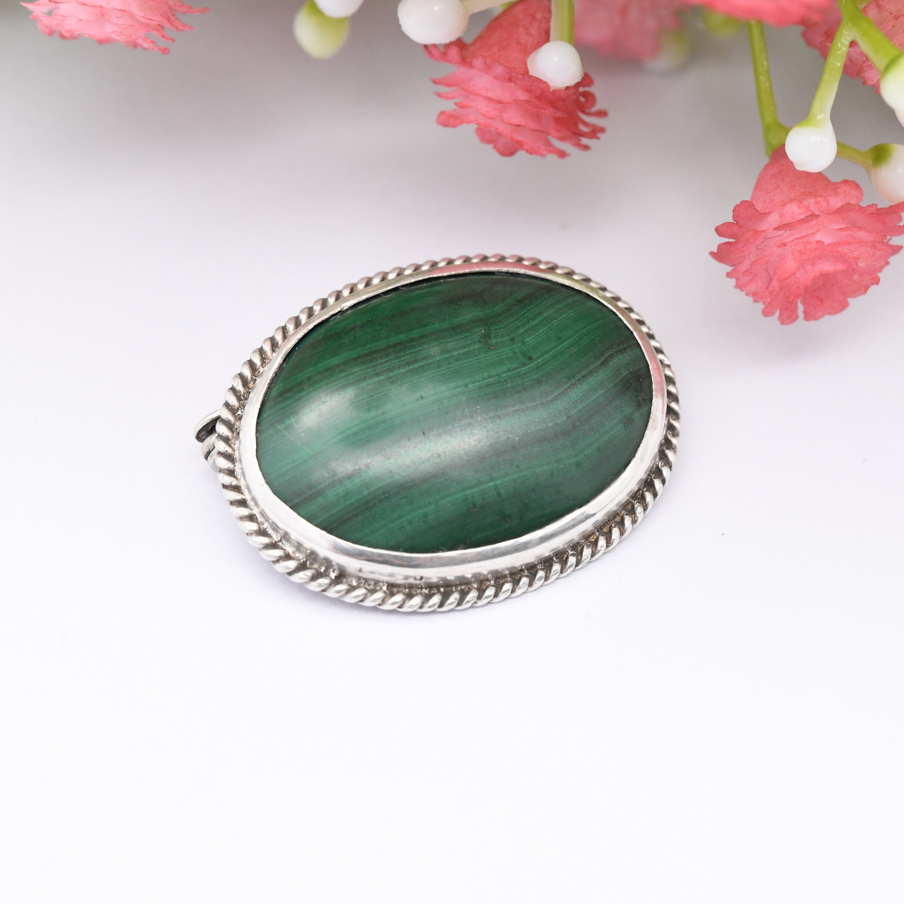 Broche Ancienne Argent 925 Filigrane Avec Pierre Malachite - Modèle Géométrique