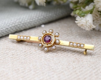 Antique 15ct Gold Ruby and Pearl Brooch - Flower Star Shaped | White and Red Stones | Edwardian Bar Brooch