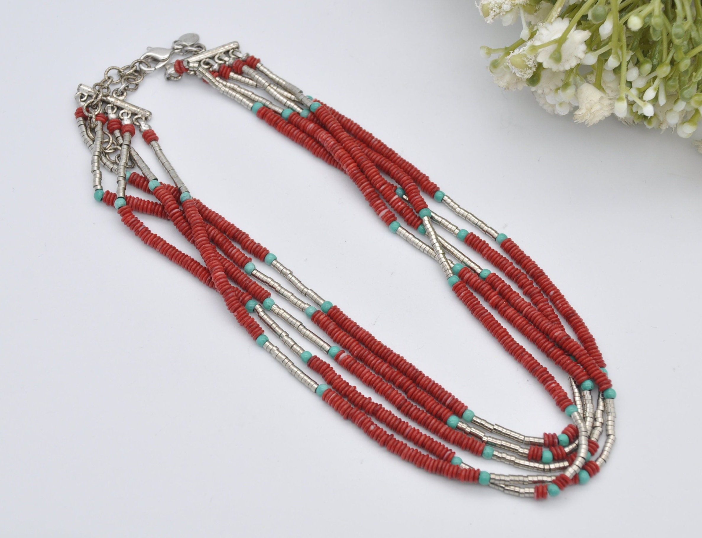 Vintage Monet Multi-Strand Choker Necklace - Faux Coral and Turquoise