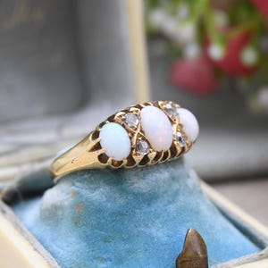 Antique 18ct Gold Opal Diamond Ring 1904 Edwardian - Oval Cabochon Three Stone with Old Cut Diamond Accents | UK Size - O | US Size - 7