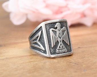 Vintage Navajo Thunderbird Sterling Silver Signet Ring - Southwestern American Mid-Century Chunky Unisex | UK Size - L 1/2 | US Size - 6