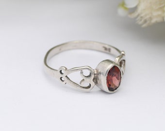 Vintage Silver and Garnet Ring - Openwork Love Heart Shoulders | Red Stone Solitaire | UK Size - N 1/2 / US Size - 6 1/2