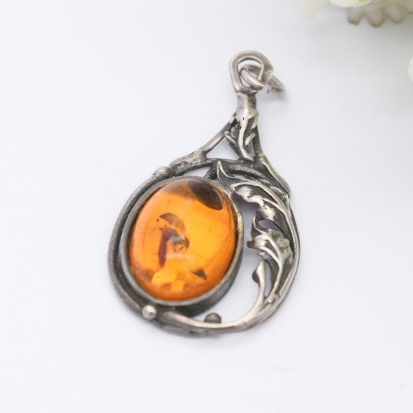 Vintage Amber Sterling Silver Pendant - Baltic Amber Pendant | Unusual Openwork Shape | Art Nouveau Style Naturalistic