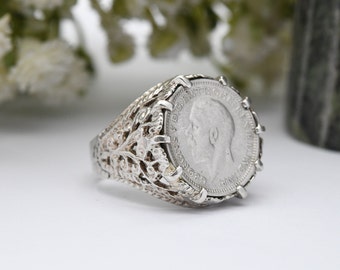 Vintage zilveren George V Threepence munt 1934 Signet Ring - dikke Engelse koninklijke familie munt sieraden | Britse maat - P | Amerikaanse maat - 7 1/2