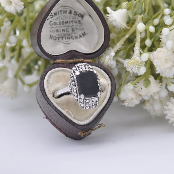 Vintage Silver Onyx and Marcasite Ring - Art Deco Style | UK Size - O | US Size - 7 1/4