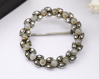 Vintage Silver Marcasite Wreath Brooch with Faux Pearl - Sparkly Statement Pin | 800 European Silver