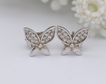 Sterling Silver Diamond Butterfly Stud Earrings - Insect Theme Jewellery | Diamond Cluster Wings