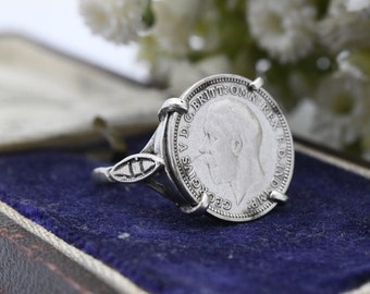 Vintage plata George V moneda de tres peniques 1934 anillo de sello - joyería de monedas de la familia real inglesa / tamaño del Reino Unido - N / tamaño de EE.UU. - 6 3/4