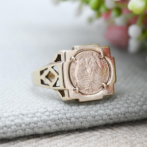 Vintage 9ct oro mexicano fantasía moneda anillo de sello - Maximiliano Emperador Estados Unidos Mexicanos Tallar Token / Tamaño Reino Unido - Q 1/2 EE.UU. - 8 1/2