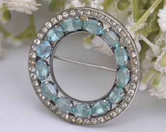 BROCHE EMAIL & ARGENT ancienne PANIER de FLEURS ART DÉCO pavage STRASS