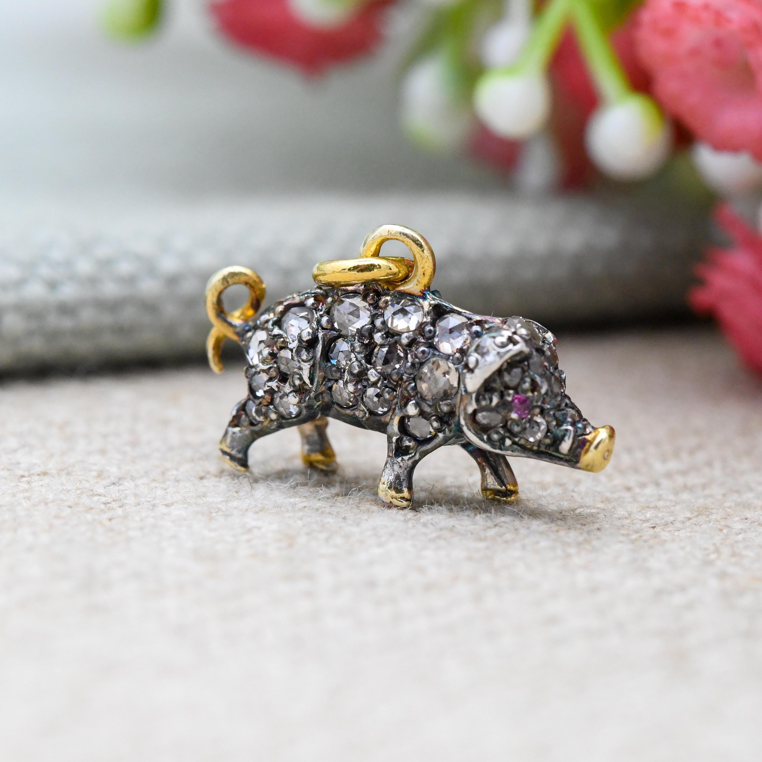 Antique Victorian Diamond and Ruby Pig Pendant Silver and Gold
