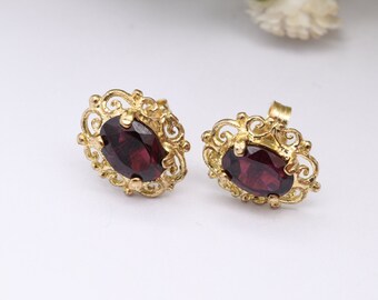 Vintage 9ct Gold Garnet Stud Earrings - Chunky Red Gemstone | Butterfly Backs | Ornate Setting
