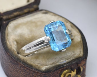 Sterling Silver Blue Stone Square Solitaire Ring - Chunky Statement Ring | UK Size - M 1/2 | US Size - 6 1/2