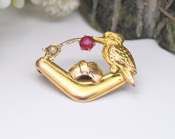 Antique 9ct Gold Australia Kookaburra Brooch with a Pearl Red Stone - Boomerang Map of Australia Bird | Souvenir Brooch