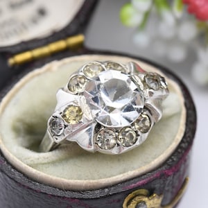 Antique French Silver Tank Ring - Art Deco Style Round Tablet Style Crystal Paste Stones | Cocktail Ring | UK Size - L | US Size - 5 3/4